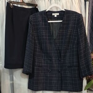 #61 Dressbarn Navy Checkered Blazer and Skirt Set